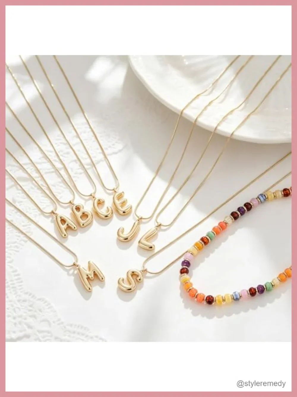 Layered Initial Pendant with Beaded Choker, 14K Gold Plated Acrylic